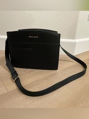 Anne Klein Black Leather Crossbody with Gold Logo